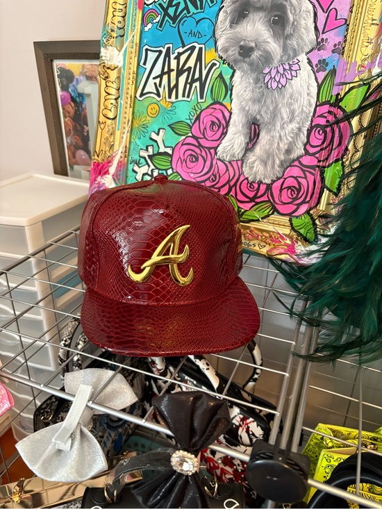 Accessories - Burgundy Patent Snakeskin Baseball Cap with Gold Atlanta Logo